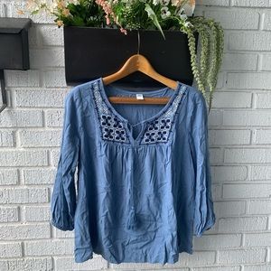 Old Navy Embroidered Bohemian Blue And White Shirt Size SP